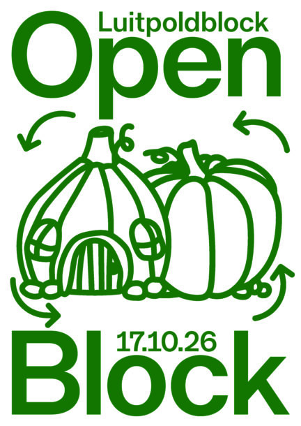 Grafik mit weißem Hintergrund grüner Schrift und Illustration. Oben rechts der Markenname Luitpoldblock, in Groß der Veranstaltungsname Open Block, in der Mitte eine Illustration eines Kürbis mit Pfeilen rundherum, darunter das Datum 17.10.26. Die Grafik ist von Public Possession