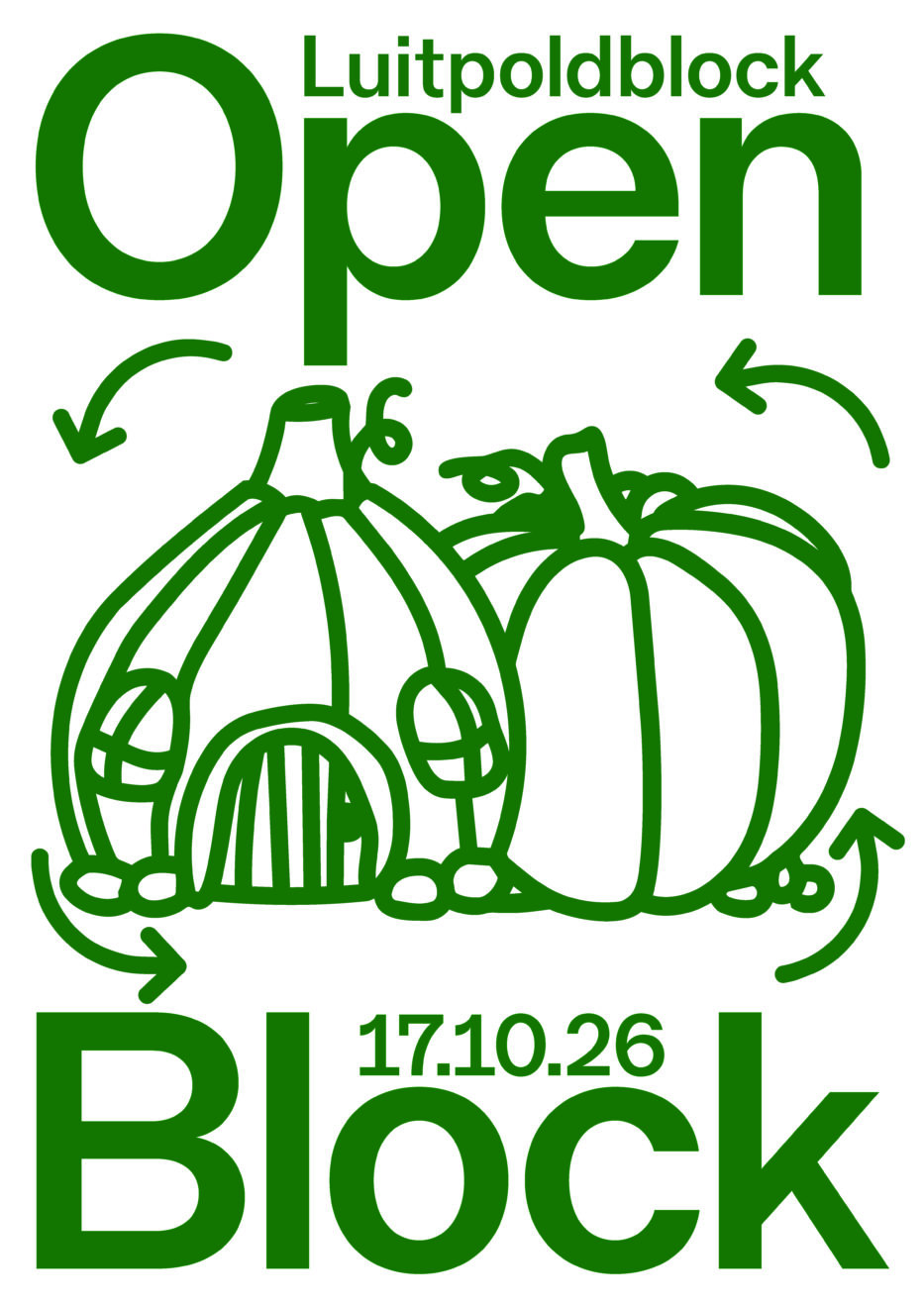 Grafik mit weißem Hintergrund grüner Schrift und Illustration. Oben rechts der Markenname Luitpoldblock, in Groß der Veranstaltungsname Open Block, in der Mitte eine Illustration eines Kürbis mit Pfeilen rundherum, darunter das Datum 17.10.26. Die Grafik ist von Public Possession
