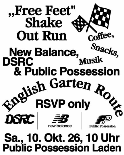 Schwarz Weiss Grafik zu einem Event von New Balance, Public Possession & DSRC mit dem Namen „Free Feet“ Shake Out Run